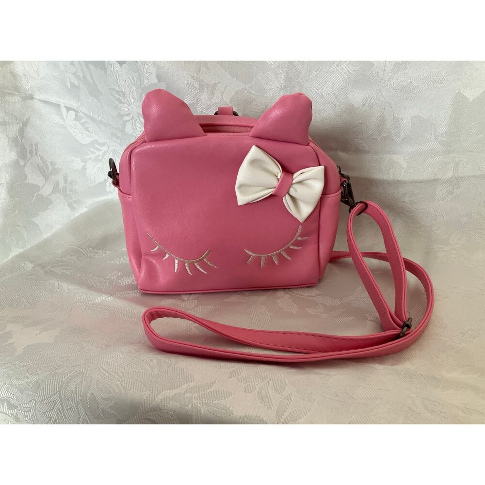 Cute Pink Cat Crossbody Purse Kids Small Bag Bow Eyelash Face